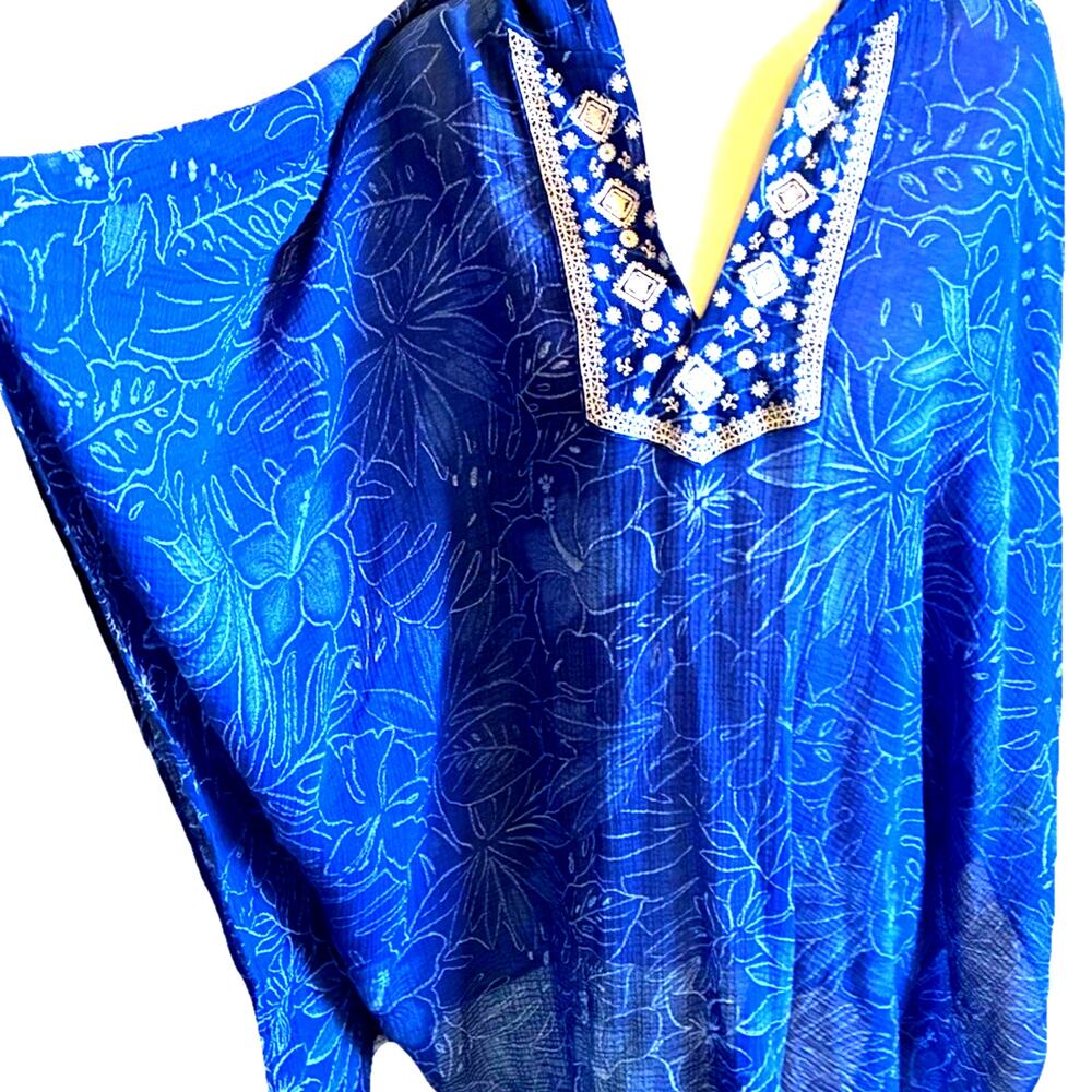 Tommy Bahama Gauze Kaftan MED Floral Tunic Top Embroider CoverUp PONCHO $175